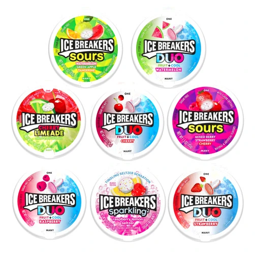 Snackivore Ice Breakers Tins Variety Pack of 8 Flavors- Mixed Berry Sours, Duo Strawberry, Duo Watermelon, Cherry Limeade, Sparkling Raspberry Lemon, Watermelon Green Apple Tangerine Sours, Cherry Duo, Raspberry Duo. Mints Bulk