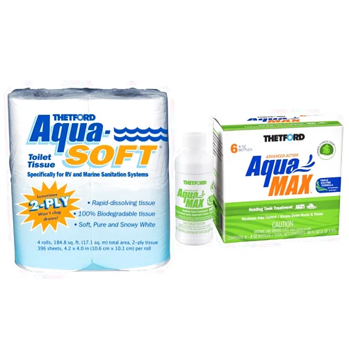 Thetford Aqua-Soft Toilet Tissue (Pack of 4 rolls) and THETFORD AquaMAX Summer Cypress Scent RV Holding Tank Treatment (6 Pack 8oz Bottles)