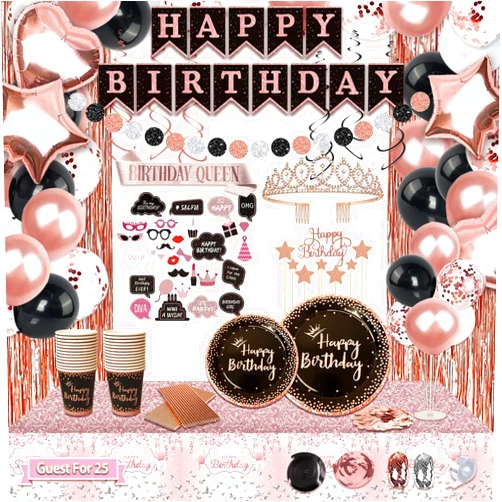 UJoyant Birthday Decorations For Women, 229 Pcs Rose Gold and Black Happy Birthday Supplies - Disposable Dinnerware Set with 25 Guest, Balloons, Sash, Tiara, Banner, Fringe Curtain, Photo Booth Props