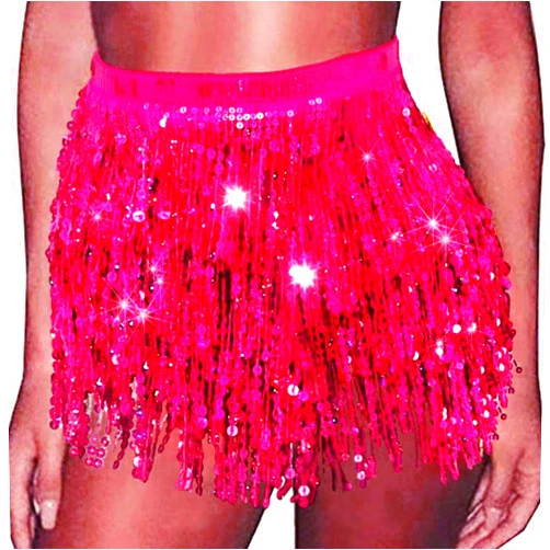 REETAN Sequin Sparkly Skirt Disco Fringe Short Skirt Rave Party Dance Belly Skirt for Women and Girls