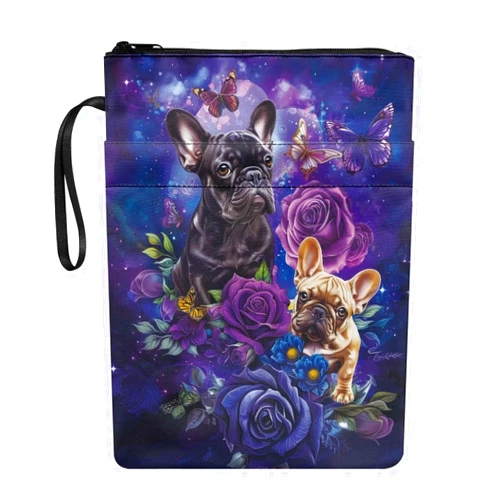 Doginthehole Cute Pug Book Sleeve for Book Lovers Washable Fabric Book Cover Purple Rose Print Book Protector Pouch Portable Book Carrying Case Bags for Paperback Hardcover Textbook Bible Purse