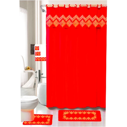 Empire Home Fashi 18 Piece Vibrant Diamond Bathroom Set Bath Rugs Shower Curtain Hooks & 3pc Towel Set (Red)