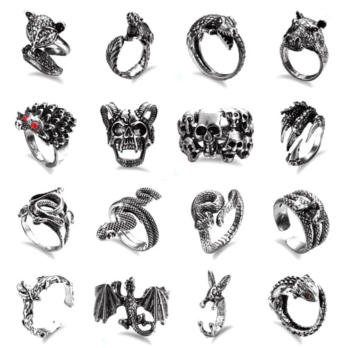 ORAZIO 16Pcs Gothic Open Rings Set for Men Women Punk Adjustable Snake Dragon Claw Animal Rings Vintage Goth Skull Rings Indie Aesthetic