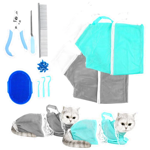 JULMELON Cat Washing Bag 10 PCS Set, Adjustable Cat Shower Net Bag and Pet Grooming Brush with Nail Clipper Nail File Hair Combs Tick Tool Nail Caps for Bathing Nail Trimming Examination（Grey+Green）