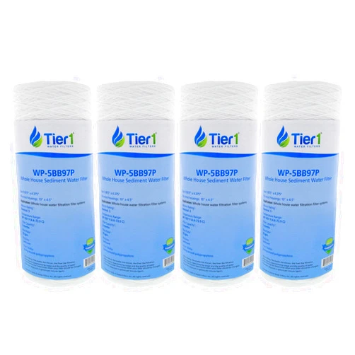 Tier1 0.5 Micron 10 Inch x 4.5 Inch | 4-Pack String Wound Polypropylene Whole House Sediment Water Filter Replacement Cartridge | Compatible with Pentek 355212-43, WP.5BB97P, Home Water Filter