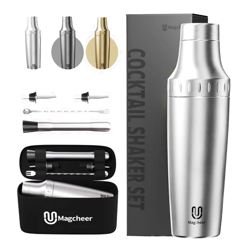 Magcheer Hybrid Cocktail Shaker Set | Vacuum Insulated Stainless Steel Martini Shaker with Strainer & Jigger Lid | Travel cocktail kit with Bartender Accessory Tools | 30oz | Silver