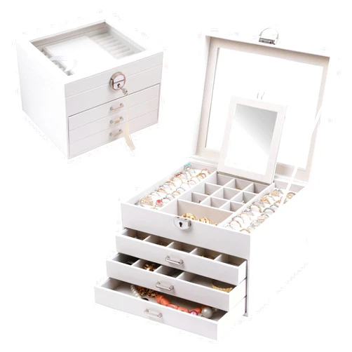ASINGYER Jewelry Box with Glass Lids,4 Layer Clear Top Jewelry Boxes with Lock for Women, Jewelry Holder Organizer for Necklace, Bracelet, Earrings,Storage Gifts for Women (White)