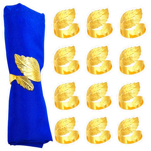 Silroera Gold Leaf Napkin Rings Set of 12, Napkin Holders for Cloth Napkins for Christmas,Thanksgiving,Wedding, Valentines Day, Easter Table Decor