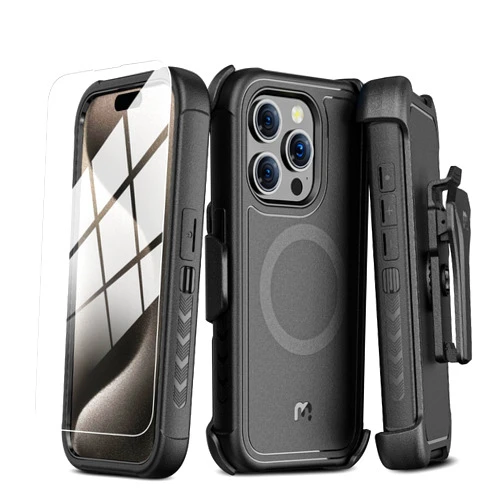 M MYBAT PRO Maverick Series for iPhone 15 Pro Max Case with Belt Clip Holster,[Compatible with Magsafe] w/Screen Protector,Anti-Drop,Shockproof,with 360°Rotating Kickstand,Heavy Duty Protection