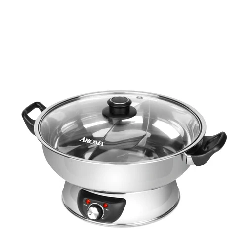 Aroma Housewares ASP-610 Dual-Sided Shabu Hot Pot, 5Qt, Stainless Steel Aroma Housewares 3 Uncooked/6 Cups Cooked Rice Cooker, Steamer, Multicooker, 2-6 cups, Black