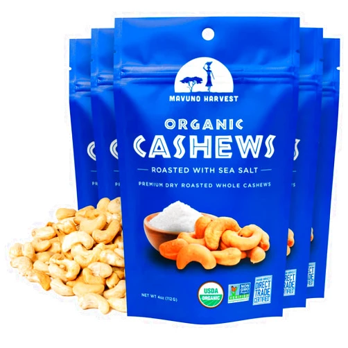 Mavuno Harvest Organic Roasted Cashews with Sea Salt | Dry Roasted Whole Cashew Nuts | Vegan, Non GMO Healthy Snacks for Kids and Adults | Office Friendly Work Snack | 4 Ounce, Pack of 6