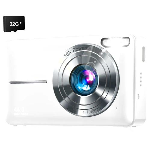 Lecran Digital Camera, Upgraded FHD 1080P Kids Camera with 32GB Card, 16X Zoom Time Stamp Anti Shake, Lanyard, 44MP Compact Portable Small Point and Shoot Camera for Kid Student Children Teen Girl Boy(White)