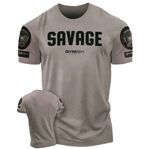 Gymish Lifestyle Savage Men's Workout Shirt for Men, Gym Funny Deadlift Lifting T-Shirt (LG, Savage Warm Grey Branded)
