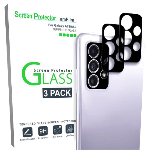 AmFilm (3 Pack) amFilm Camera Screen Protector for Samsung Galaxy A52/A72, Tempered Glass Camera Lens Protector, NO Flash Reflection, Black