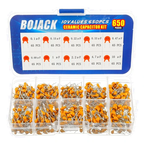 BOJACK 10 Type Values 650Pcs Ceramic Capacitor Assortment Kit Capacitors from 0.1uf/100 nF to 10 uF in a Box