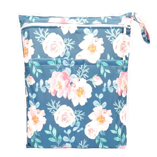 Sigzagor Medium Wet Dry Bag Baby Cloth Diaper Nappy Insert Bag Reusable Washable With Two Zippered Pockets For Girls (Floral)