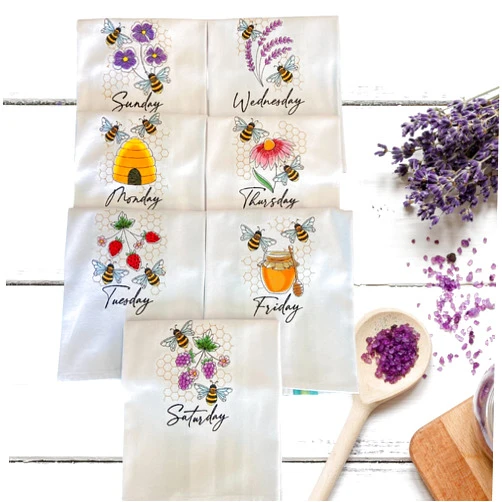 Cindy Embroidery Honey Bees Embroidered Days of the Week Kitchen Tea Towel Gift Set (Set of 7 Towels) (White with Orange Stripes)