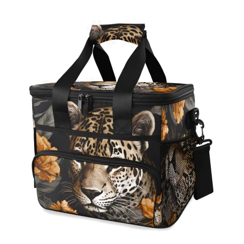 xigua Leopard and Flowers Large Cooler Bag, 24 Cans Insulated Lunch Bag with Adjustable Shoulder Strap, Leakproof Soft Cooler Bags for Work Office Picnic