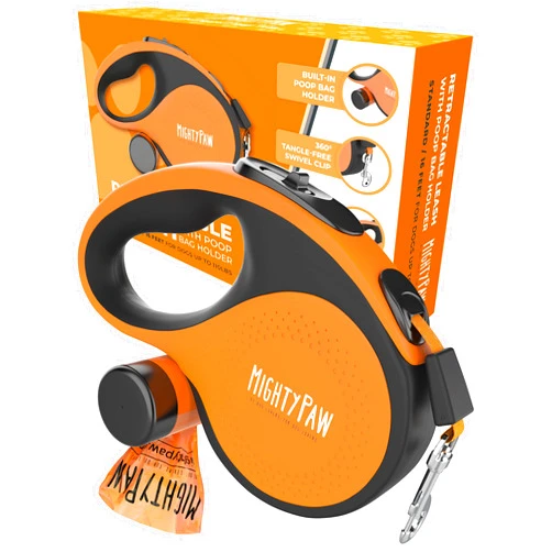 Mighty Paw Retractable Leash with Built-in Poop Bag Holder | 16' Long Retractable Dog Leash for Small Dogs, Medium Breeds & Large Pets. Dog Leash Retractable Tape for Quick Control. Poop Bags Included