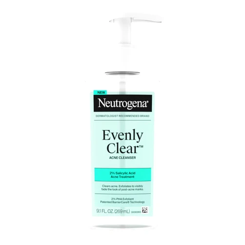 Neutrogena Evenly Clear Acne Cleanser with 2% Salicylic Acid & 2% PHA Exfoliant, Gentle Foaming Face Wash Clears Clogged Pores & Blackheads While Visibly Fading Look of Post-Acne Marks, 9.1 fl. oz