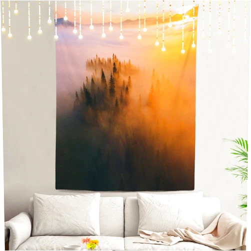 Shrahala Natural Forest Scenery Wall Tapestry, Misty Mountain Forest Landscape Wall Hanging Large Tapestry Decoration Polyester Fiber White Hem Around for Dorm Room Bedroom 59.1 x 39.4 in