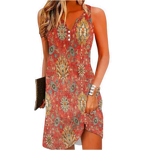 ETCYY Womens Boho Floral Printed Sundresses Casual Summer Beach Dress Vacation 2024 Button V Neck Sleeveless T Shirt Dress