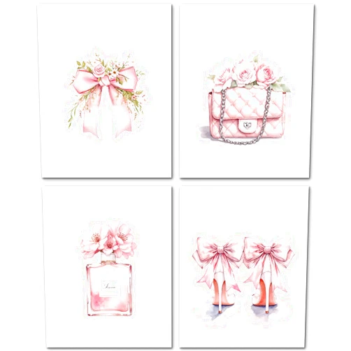 JINYO Coquette Pink Bow Perfume High Heels Package Wall Art Prints Set of 4, Preppy Girly Pink Wall Decor Posters Pictures for Girls Room Bathroom Apartment, 8x10 Unframed