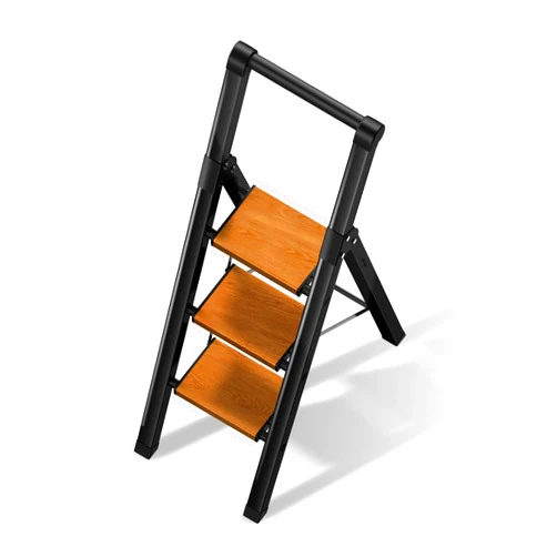 BEFITMACE 3 Step Ladder, Folding Step Stool with Aluminum Wide Pedal& Convenient Handgrip, 330lbs Capacity Steel Ladder for Household and Office (Black & Woodgrain)