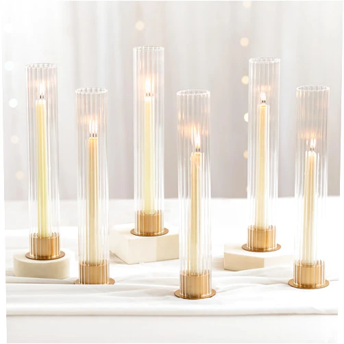 NUPTIO Candlestick Holder with Ribbed Hurricane: Set of 6 Metal Candle Holders with Glass Cylinders - Gold Taper Candleholders for Birthday Valentine Wedding Table Centerpiece Outdoor Decor