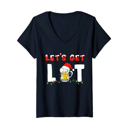 Let's Get Lit Drinking Beer Santa Hat Christmas Womens Let's Get Lit Drinking Beer Santa Hat Christmas Lights V-Neck T-Shirt