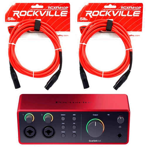 Audiosavings Bundle:(2) Rockville RCXFM10P-R Red 10' Female to Male REAN XLR Mic/Speaker Cable Bundle with (1) Focusrite Scarlett 4i4 4th Gen Studio Recording USB Audio Interface+Software (Items 3)