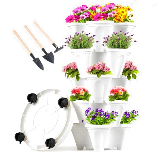 GameXcel Vertical Planter Tower - 5 Tier Stackable Garden Planters with Wheels and Tools Plant Pots for Strawberry Herb Flower and Vegetable Indoor Outdoor Use White