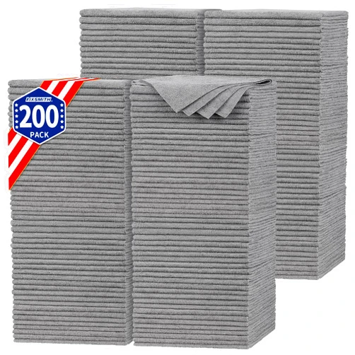 FIXSMITH Shop Towels, Pack of 200, Grey Microfiber Cleaning Cloth Bulk, Microfiber Towels for Cars, All-Purpose Absorbent Cleaning Rags, Dust Cloth for Automotive, Mechanic, Garage, 11.5 x 11.5 inch