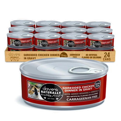 Dave's Pet Food Dave’s Pet Food Grain Free Wet Cat Food (Shredded Chicken in Gravy), Made in Canada Naturally Healthy Canned Cat Food, Added Vitamins & Minerals, Wheat & Gluten-Free, GMO-Free, 5.5oz Cans (Case of 24)