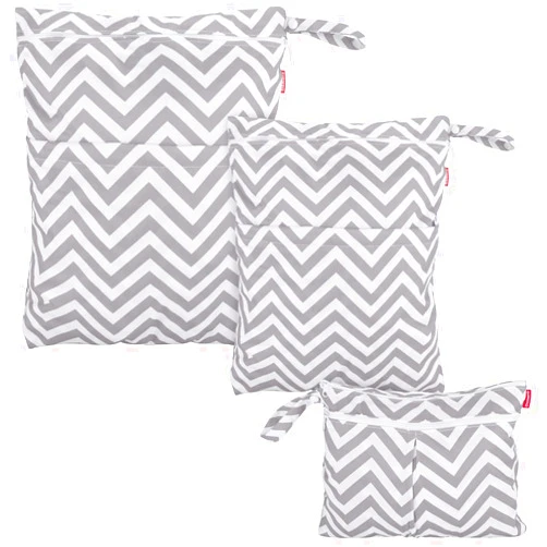 Damero 3pcs Travel Wet and Dry Bag Organizer with Handle for Cloth Diaper, Pumping Parts, Swimsuit and More, Easy to Grab and Go, Gray Chevron