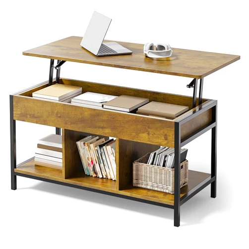 Gizoon Lift Top Coffee Table for Living Room, Small Farmhouse Wooden Rising Dining Center Tables with Storage Shelf and Hidden Compartment for Apartment Office Basement, Rustic Brown