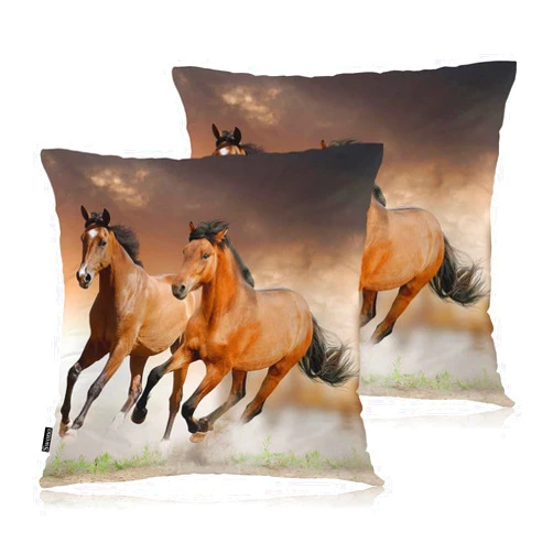 Swono Horse Throw Pillow Cases, Galloping Horses in Sunset Set of 2 Decorative Throw Pillow Cover, Square Pillow Cushion Case Home Decor for Sofa Couch Bed Car 18x18 Inches, Brown