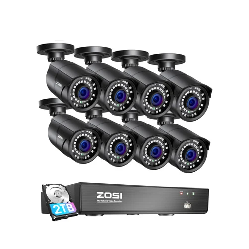 ZOSI 8MP 4K PoE Home Security Camera System Outdoor, H.265+ 8CH PoE NVR (16CH Expandable) with 2TB HDD for 24/7 Recording, 8PCS 5MP(3K) Bullet PoE IP Cameras, Motion Detection, Remote Control