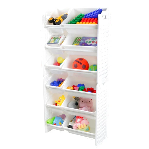 UNiPLAY 6 Tier Toy Storage Organizer with 12 Removable Bins, Re-Configurable Base, Multi-Functional for Books, Building Blocks, School Materials, Toys, or Garage Storage with Baseplate Board Frame