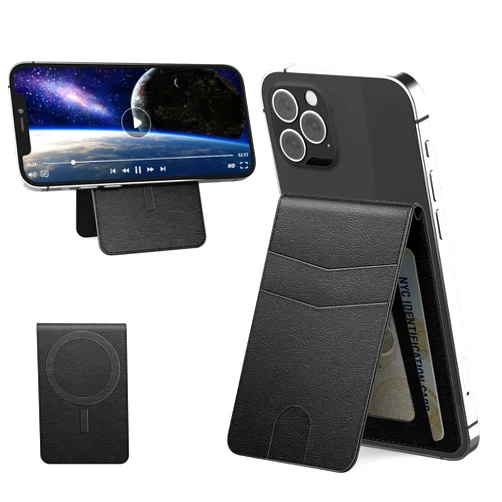 Anpdasi Magnetic Phone Wallet, Strong Magnetic Wallet for iPhone 15/14/13/12 Series, for Magsafe wallet with Adjustable Stand, 4 Card Holder, RFID Blocking, Vegan Leather (Black)