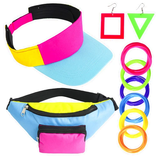 YAROMO Hip Hop Accessories for Women, 90s Hip Hop Accessories for Women Men 80s 90s Outfit Neon Fanny Pack Hat Adjustable Waist Bag, Bracelet, Earrings for Retro 80s 90s Party