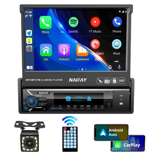 Naifay Single Din Touchscreen Car Stereo with Carplay & Android Auto, 7inch Flip Out Screen Car Stereo with Bluetooth Car Audio Receivers, Backup Camera, FM Radio/Mirror Link/USB/AUX/TF/Subwoofer