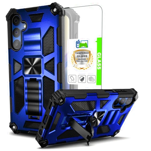 Telegaming for Samsung Galaxy A35 5G Case with Tempered Glass Screen Protector, Military Grade Drop Proof Protection Rugged Protective Phone Cover with Kickstand Shockproof - Blue