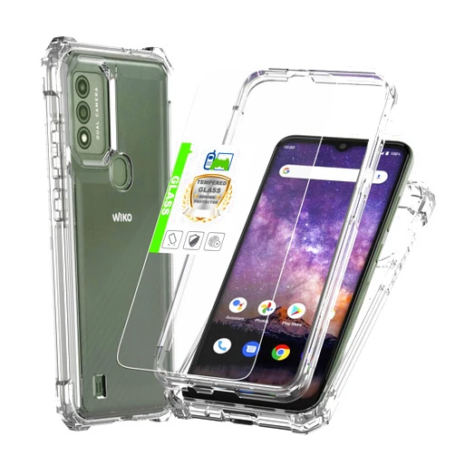 Telegaming for Wiko Voix U616AT Case with Tempered Glass Screen Protector, Shockproof Dual Layer Impact Heavy Duty Rugged Military Protective Armor Cover - Clear