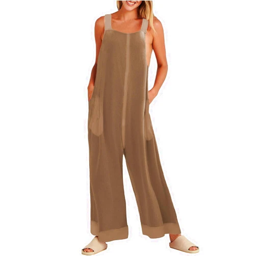 AUHILL Loose Overalls for Women Casual Solid Color Wide Leg Rompers Summer Boho Vacation Beach Jumpsuits with Pockets
