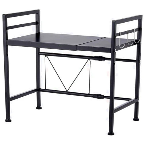 YOtat Microwave Storage Rack Expandable Microwave Oven Rack, 2-Tier Kitchen Counter Shelf and Organizer with 3 Hooks, Carbon Steel Microwave Shelf Storage Racks/Black