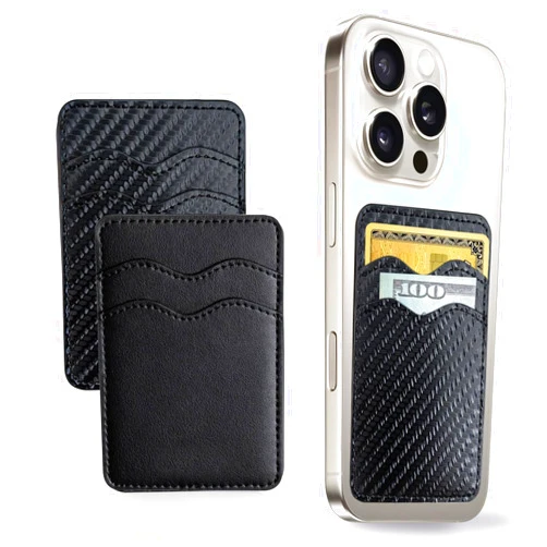 QxbBox 2Pack Card Holder for Phone Case，Dual Pocket Phone Card Holder Leather,Stick on Wallet ID Credit Card Holder Pouch Sleeve Self Adhesive Sticker Case for iPhone Samsung Black+Carbon Fiber Black