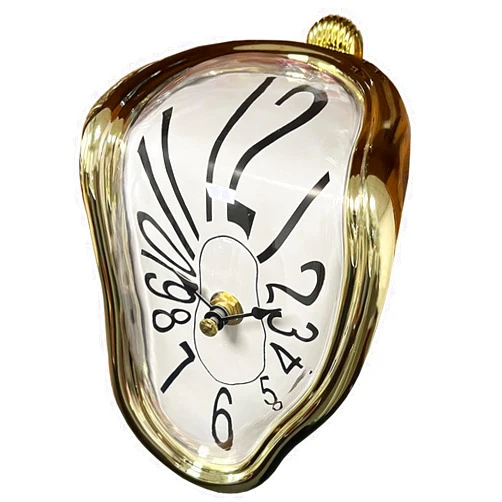 OHmaker Melting Clock Dali Melted Clock Gift Decor Art Inspired Wall Clock Twisted Shelf Hanging Surrealist for Decorative Shop Office Home Desk Arabic Gold…