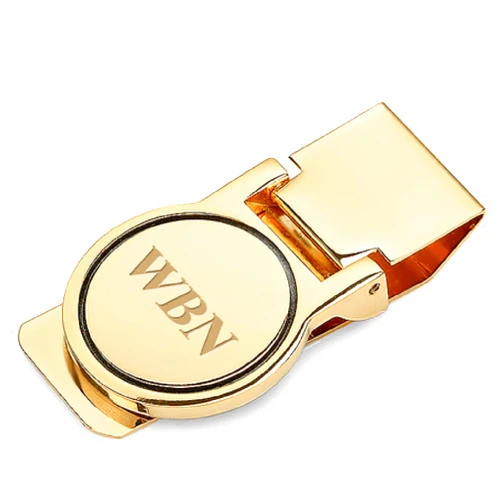 Executive Gift Shoppe | Polished Gold Round Face Engraved Hinged Money Clip