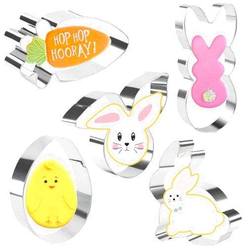 Crethinkaty Easter Cookie Cutter Set - 5 Pieces Stainless Steel Cutters for Baking - Egg, Carrot, Rabbit, Bunny Face,and Bunny